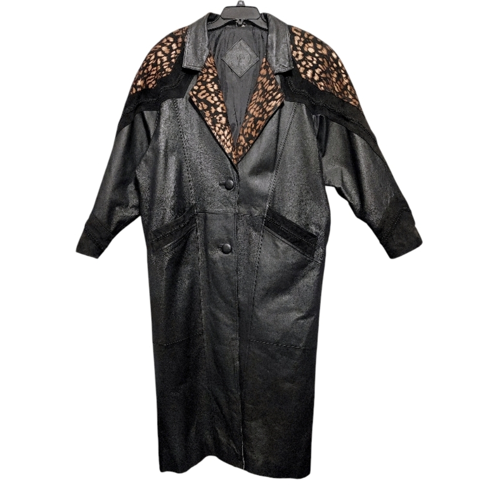 Vintage 80s JF J Ferrar Black Leopard Print Leather Suede Trench Coat Size Large - Picture 13 of 13